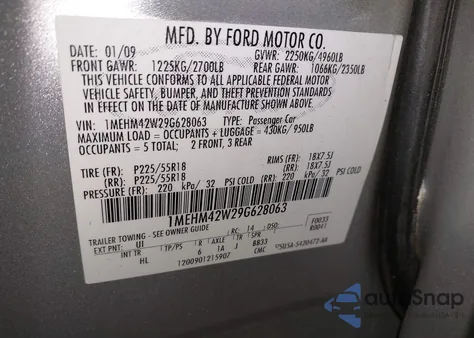 2009 Mercury Sable Premier z USA, uszkodzony, nr VIN 1MEHM42W29G628063